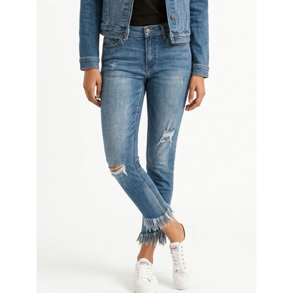 FREE PEOPLE | Distressed Skinny Jeans Mid-Rise Raw Edge Hem Women’s Size 26 (2)